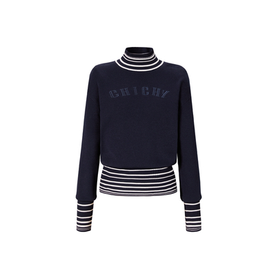 CHICHY藏蓝色修身高领毛针织衫