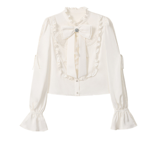 AZZHEN【甜心蔓蕾】高级感气质蕾丝荷叶领绑带可拆卸蝴蝶结衬衫女