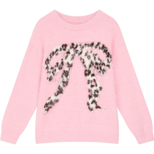 妖精的口袋烟粉豹纹蝴蝶结仿貂毛提花节日复古休闲宽松毛衣穿搭