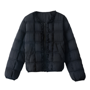 黑色圆领木耳边白鸭绒羽绒服女2026冬季新款小个子加厚保暖短外套