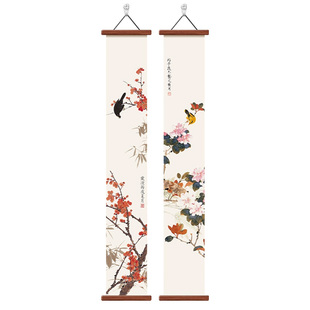 中国风鸟语花香条屏新中式玄关入户卷轴挂画茶室竖版长条装饰画