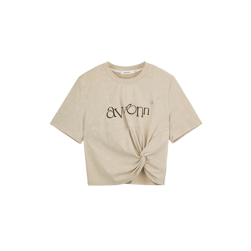 AVVENN 植绒图案撞色绣花下摆纽结T AM71001518