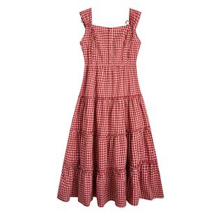 紫涵红格打揽收腰吊带连衣裙女夏季甜美花边拼接法式红色度假长裙