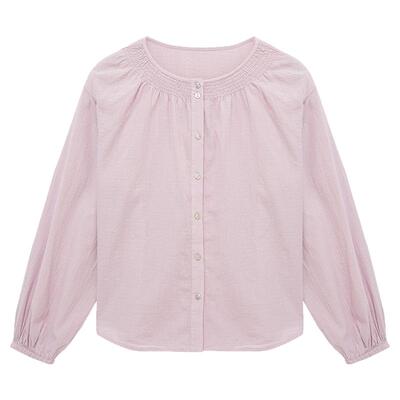 布景长袖衬衫女春季新品简约文艺纯色纯棉圆领小衫衬衣0001