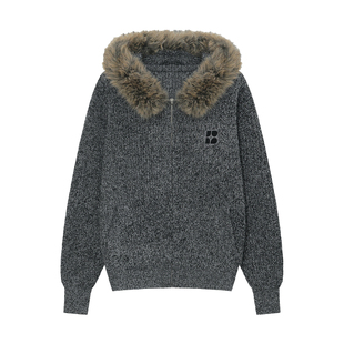 BIPOLAR可拆卸毛领花纱开衫毛衣女修身显瘦小众设计感外套新款