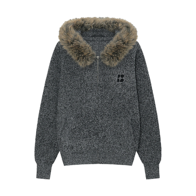 BIPOLAR可拆卸毛领花纱开衫毛衣