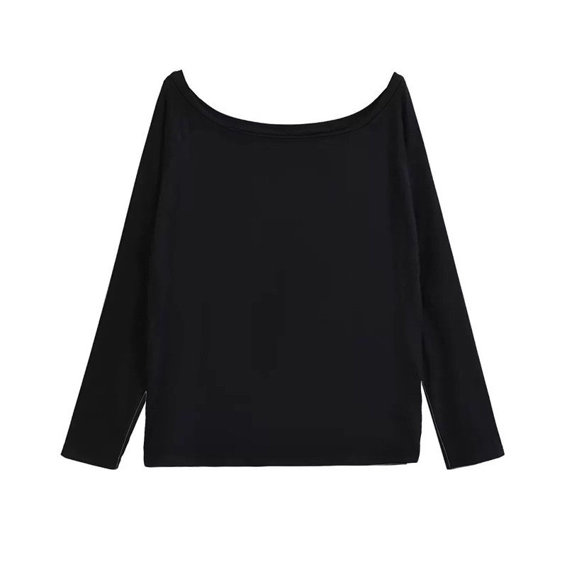 斜肩露肩纯棉长袖T恤女春秋外穿