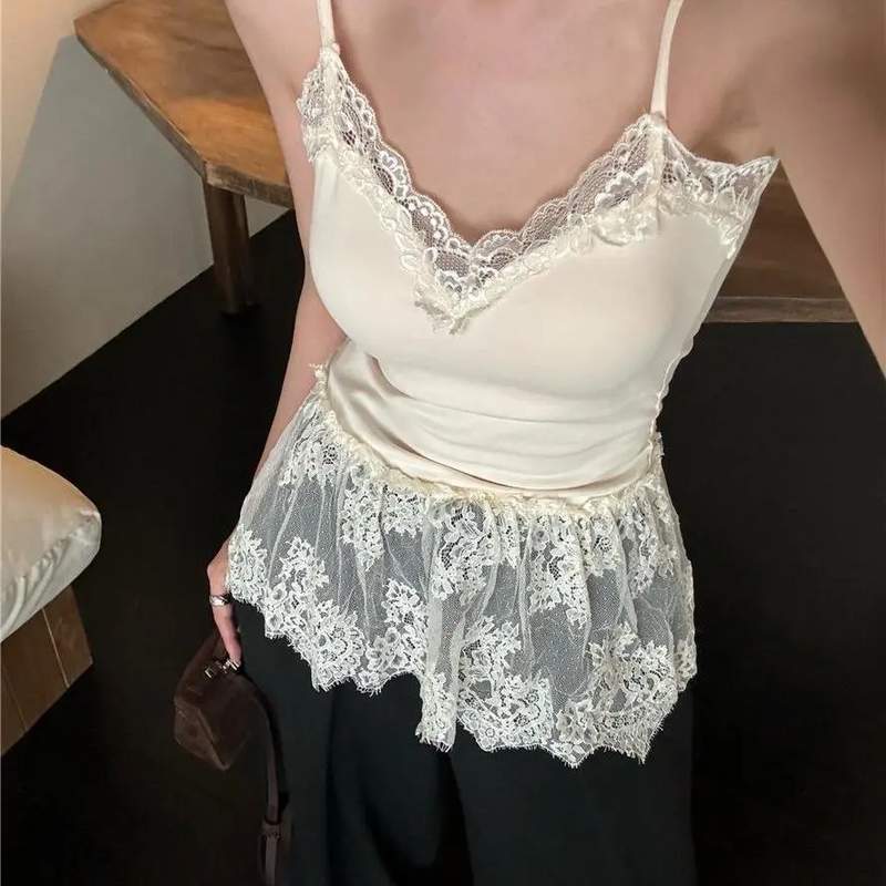 纯欲风V领蕾丝氛围感吊带背心女带胸垫内搭屁帘拼接网纱无袖上衣