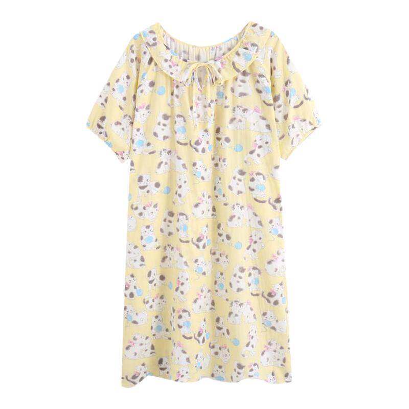 HEARMES 卡通小猫娃娃领睡裙少女短袖花边棉纱纱布长裙夏天家居服