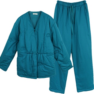 朵朵可可睡衣女2025冬季新款纯棉夹棉新中式孔雀蓝刺绣加厚家居服