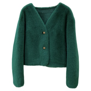 仿天鹅绒貂皮大衣皮毛一体 V领短款水貂绒环保秋冬皮草女毛毛外套