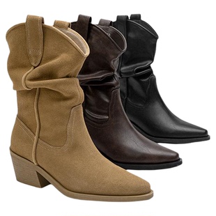 Toomanyshoes秋日记忆巴恩风骑士靴高跟尖头堆堆靴女