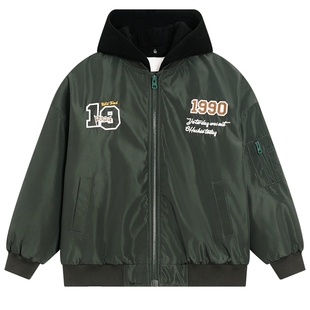 男童冬装美式防水连帽棒球棉服2025新款学生儿童夹棉加厚保暖外套