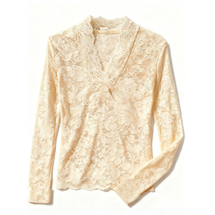 领口花边深v领白色打底衫女蕾丝有设计感的显瘦气质上衣性感纯欲