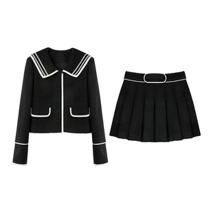 【梦境远航】Uena美式复古黑色短款海军领小香外套百褶半身裙套装