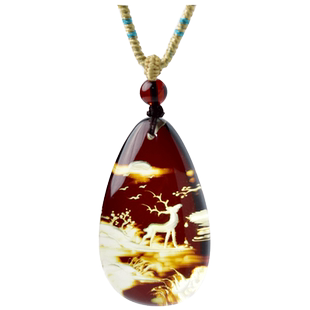 琥珀吊坠女男血珀蓝珀阴雕项坠蜜蜡原石雕刻件挂件秋冬毛衣链项链
