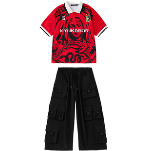 儿童街舞潮服嘻哈风宽松酷帅潮牌短袖工装长裤套装hiphop演出服装