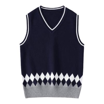 学院棉春秋菱格针织马甲儿童毛衣