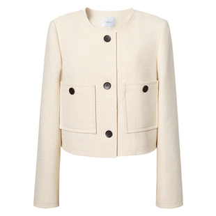 伊芙丽outlets店羊毛混纺经典小香风袖口毛边平纹短外套春夏女