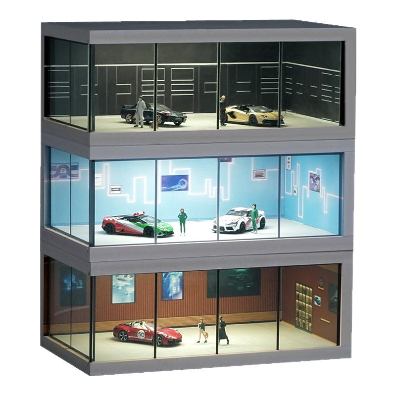 1:64仿真合金车模展示厅车库场景高透亚克力带灯停车场模型展示架