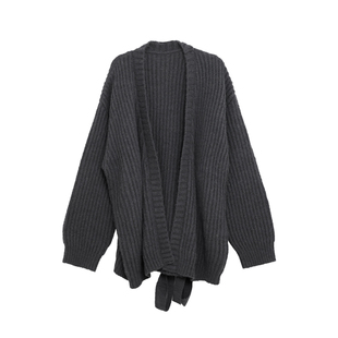 荒荒家 腰带毛衣外套2025冬季新款宽松慵懒收腰坑条纹针织开衫女