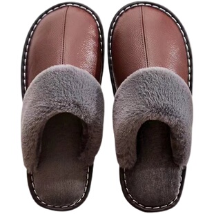 居家室内防滑拖鞋男女士家居牛皮木地板拖鞋冬季皮棉拖鞋纯色保暖