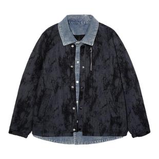 ALLIN 牛仔拼接假两件翻领外套男春秋新款潮流痞帅衬衫领夹克上衣