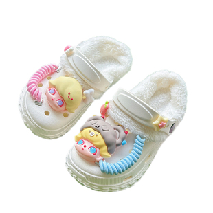 女童加绒洞洞鞋女款冬季保暖防滑儿童包头毛毛棉拖鞋家居鞋可外穿