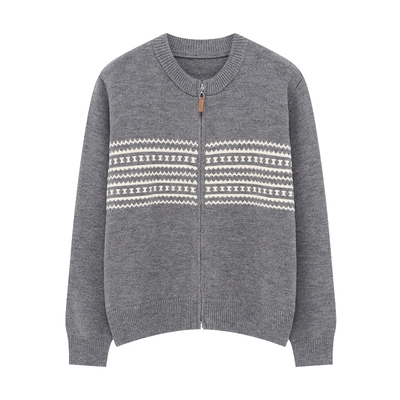 Basic House/百家好圆领拼色提花毛衣女春冬双拉链设计感开衫外套