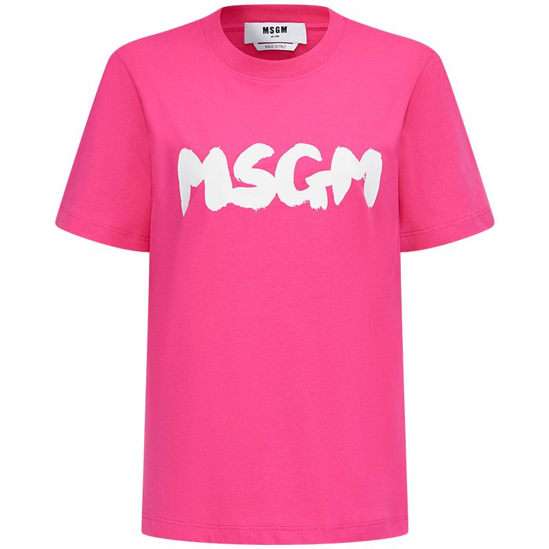 MSGM24春夏女士简约百搭纯棉圆领美式新款短袖T恤上衣白色玫红色