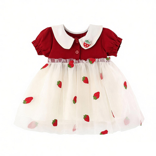 2三两1一岁女童草莓连衣裙夏装2026新款小女孩洋气宝宝网纱公主裙