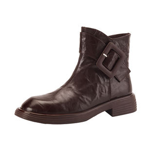 星期六英伦风马丁靴女冬皮带扣机车靴女厚底短靴加绒圆头平底踝靴