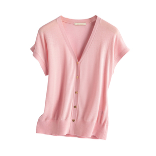 春竹春夏新款桑蚕丝混纺V领合体短袖轻薄显瘦外搭女士针织开衫