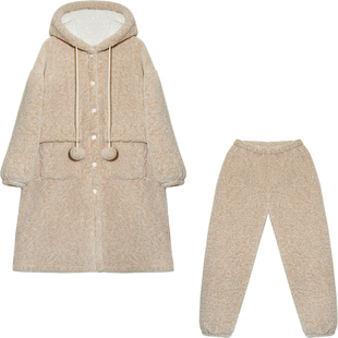 Bananagirl睡衣女冬装新款长款连帽睡袍加厚保暖家居服可外穿套装