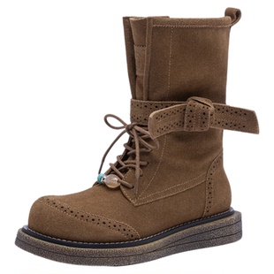 红蜻蜓卡皮巴拉袋鼠马丁靴女鞋2025冬季新款中筒西部靴潮酷女单靴