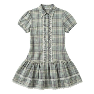 东京岁时记jk原创正版蓝绿色格子连衣裙女小个子夏季甜美花边短裙