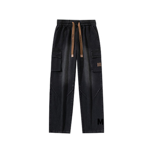 美式工装牛仔裤子男款秋冬重磅加绒弯刀男士宽松阔腿大码休闲裤子