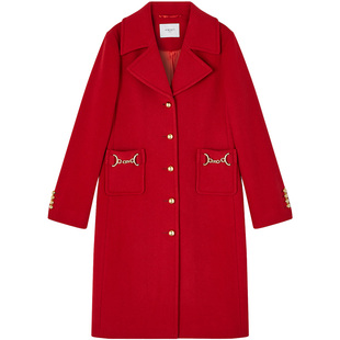 LK BENNETT红色羊毛兔毛大衣女长款冬季西装领英伦风毛呢外套