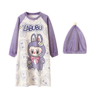 女大童睡裙可爱乌萨奇秋冬季高端法兰绒母女装宝宝珊瑚毛绒家居裙