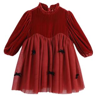 RyleeCru童装女童冬季连衣裙RC童装裙子新年红丝绒长裙女裙拜年服