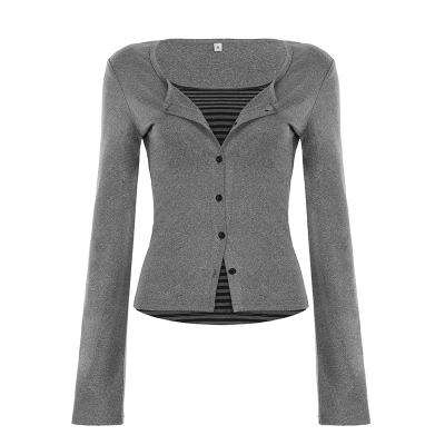 WEEKEEP 休闲条纹排扣假两件拼接圆领长袖T恤女百搭基础修身上衣