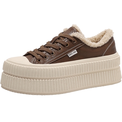 帆布鞋休闲鞋百丽女厚底加绒板鞋