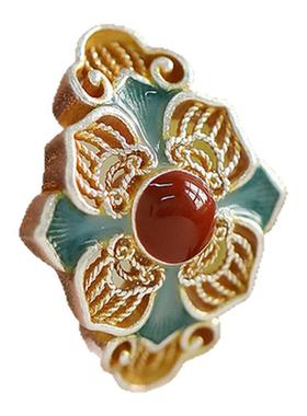 足银999珐琅花朵花丝戒指女国风新中式2025年小众设计指环饰品