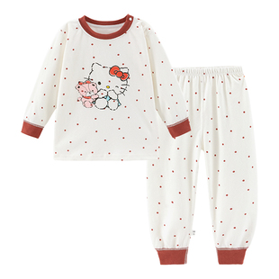 唐机豆豆2025秋季新款女童波点全棉家居服卡通印花小猫新疆棉睡衣