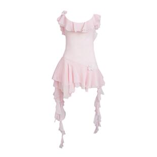 JELLOJELLO24SS新品豹纹肩带羽毛花朵装饰雪纺荷叶毛边飘逸连衣裙