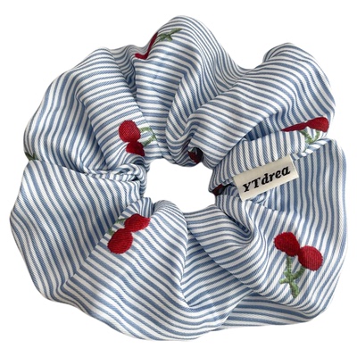 韩系刺绣樱桃蓝色条纹大肠发圈