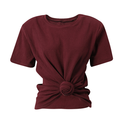 打结短袖T恤女纯色修身圆领上衣