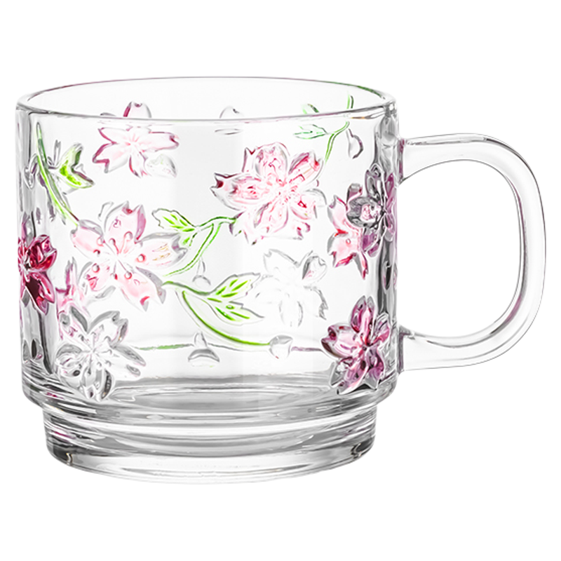 创意樱花玻璃杯彩绘早餐杯子家用泡茶水杯透明咖啡杯女牛奶杯果汁