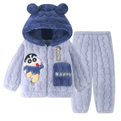 蜡笔加厚儿童睡衣男童冬季保暖三层夹棉青少年珊瑚亲子家居服套装