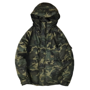 冬季原创街头军绿迷彩连帽风衣加厚棉服宽松工装帆布棉衣男女款潮